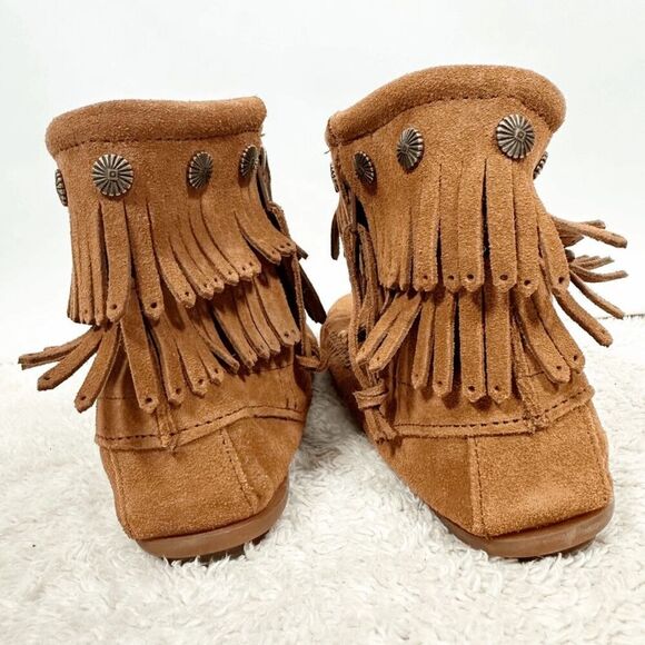 Minnetonka Double Fringe Side Zip Boot Ankle Bootie Moccasin Size 10 - Picture 8 of 8